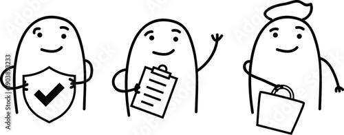 Minimalist doodle characters with shield for security, clipboard checklist and shopping bag