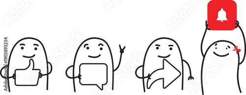 Minimalist doodle characters holding social media icons like, chat, arrow and notification