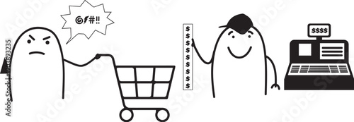 Discouraged consumer in supermarket shocked by high product prices in minimalist doodle