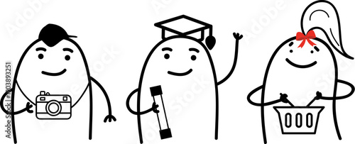 Minimalist doodle characters as tourist, graduating student and woman with grocery basket