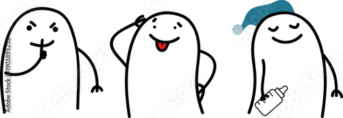 Three minimalist doodle characters asking for silence, itching and sleepwalking