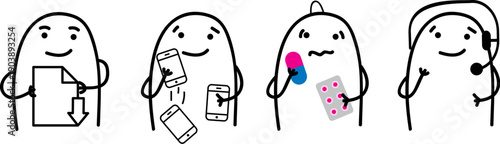 Minimalist doodle characters in tech and daily scenes: download, multitasking calls, medicine and call center