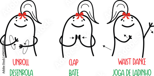 Brazilian carnival dance choreography in three steps: roll, clap and side move