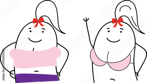 Funny minimalist doodle illustration of a stylish woman wearing top and bikini