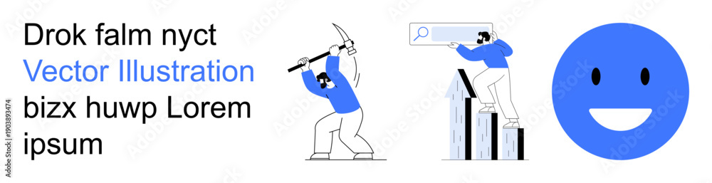 Obraz premium Business development, data analysis, positive outcomes, teamwork, achieving goals, productivity. Person using a pickaxe, another analyzing charts and a blue happy face. Business development and data