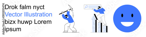 Business development, data analysis, positive outcomes, teamwork, achieving goals, productivity. Person using a pickaxe, another analyzing charts and a blue happy face. Business development and data