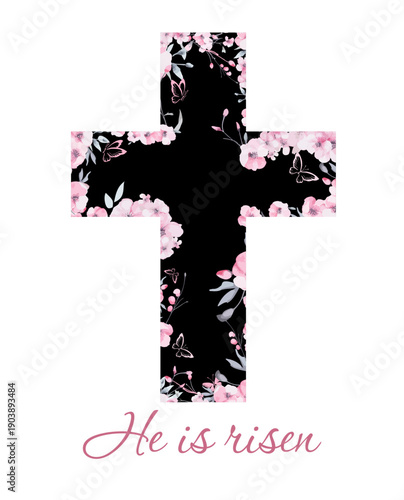 Religious cross with sakura flowers. He is risen Hand drawn. Not AI, vector illustration. He is risen Hand drawn. Not AI, vector illustration