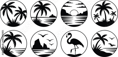 Tropical oasis a collection of 8 serene beach and palm tree silhouettes with sunset flamingo and seagulls