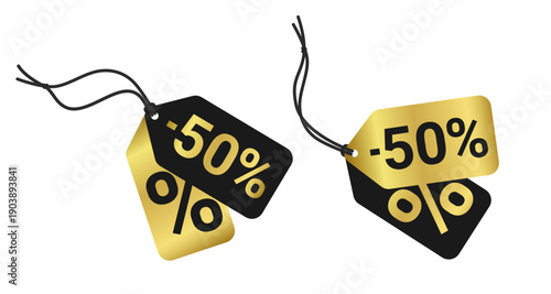 Sale gold hang tag with string, golden background with discount 50%, half price foil label with black rope and percent sign. Isolated vector EPS10
