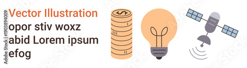 Economic development, technological progress, communication, energy solutions, investment strategy, business planning. Stacked coins, light bulb satellite. Economic development and technological