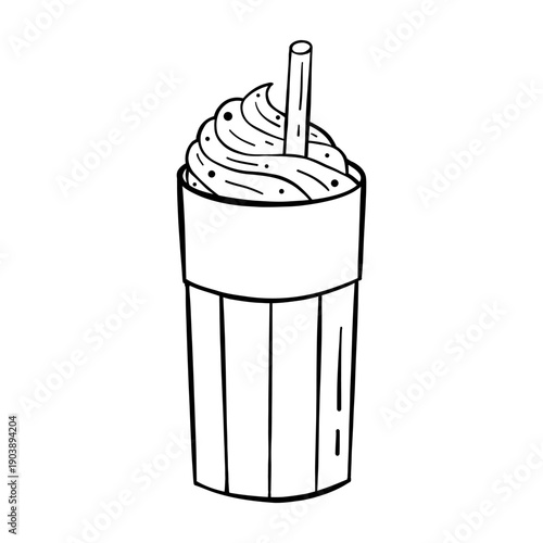 Vector illustration of hand drawn milkshake or coffee frappe in tall glass with whipped cream and straw. Cute black and white doodle dessert drink for cafe menu, poster, logo and sticker design.