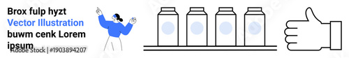 Education, communication, instructional design, food packaging, approval, quality control. Person gesturing, row of containers and a hand thumbs-up. Communication and instructional design concept