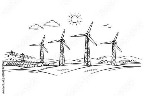 Monochrome wind farm landscape with solar panels and transmission lines