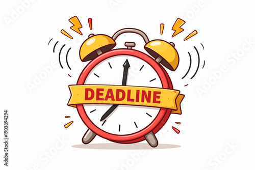 Red alarm clock with "deadline" banner and yellow bells