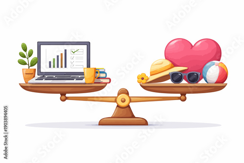 Balancing work and leisure: laptop, charts, heart, and summer accessories on scales