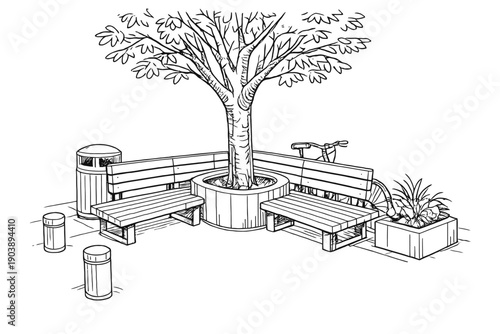 Urban park design with tree, bench, trash can, bicycle, and planter box