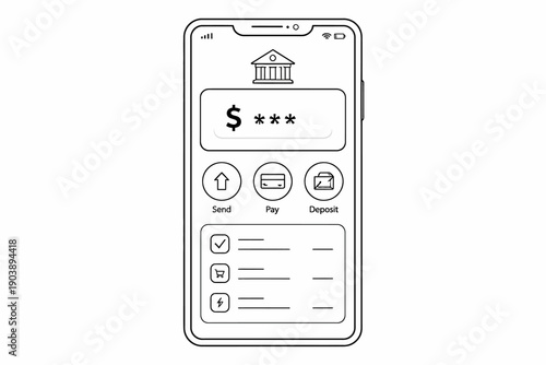 Monochrome mobile banking app interface design with send, pay, deposit options displayed