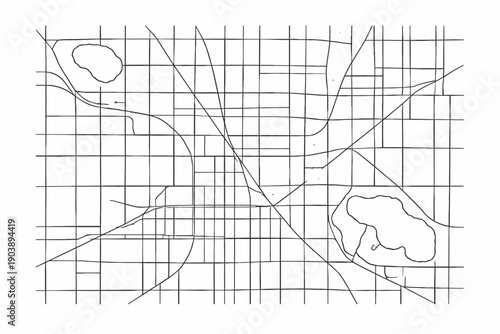 Abstract urban grid map with lakes and curved roads