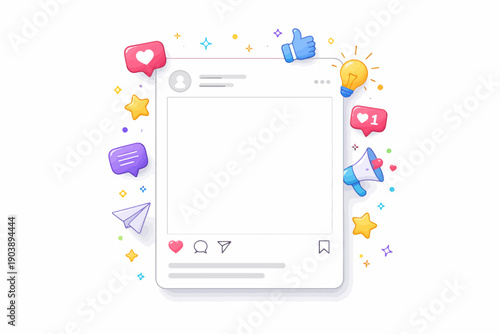 Blank social media post interface with reaction icons and decorative elements