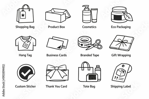 Black and white icons of shopping bags, product boxes, and various packaging items