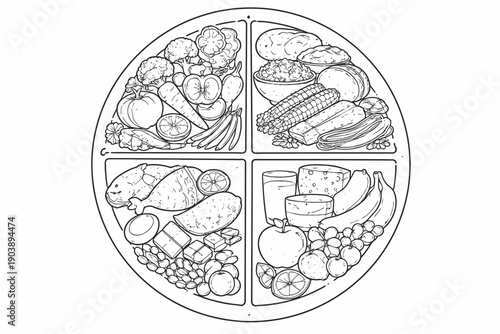Balanced diet plate illustration with vegetables, fruits, grains, and protein sections