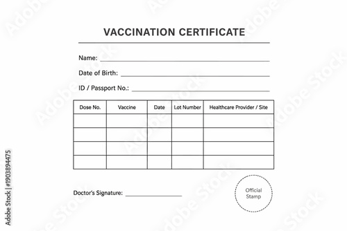 Blank vaccination certificate template with dose information and signature line