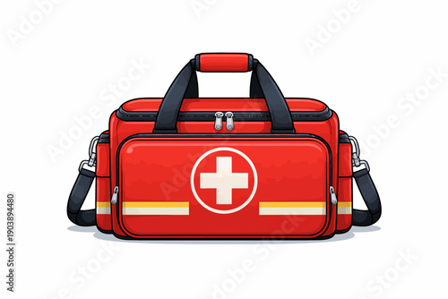 Red emergency medical bag with first aid cross and reflective stripes