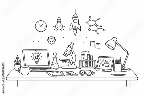 Creative science workspace with lab equipment and gadgets in line art style