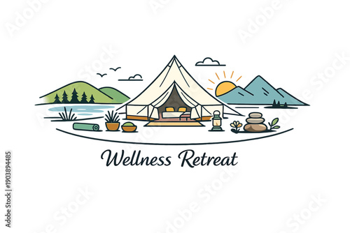Illustrated wellness retreat tent with nature landscape and yoga elements