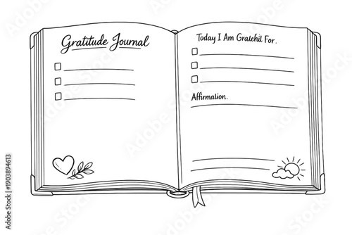 Open gratitude journal with prompts for reflection and affirmation