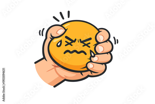 Illustration of hand squeezing stressed yellow emoji with tears