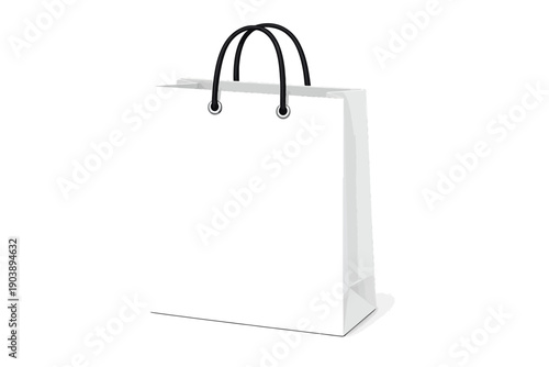 Glowing white shopping bag with black handles on gradient background