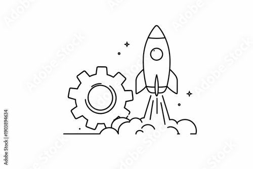 Line art rocket launch with gear symbolizing technology and innovation