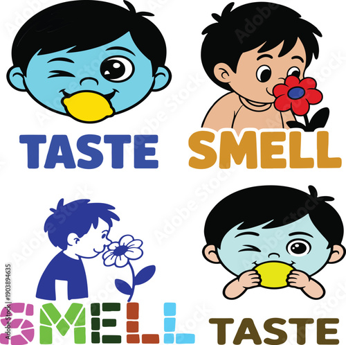 Cute cartoon boys illustrating the senses of taste and smell with lemons and flowers