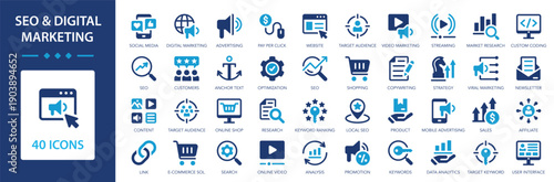 SEO and Digital Marketing icons collection. Search, advertising, analytics, promotion, online business sign set.