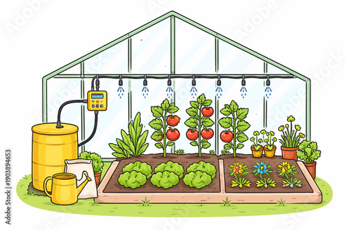 Thriving vegetable and flower garden inside a modern greenhouse