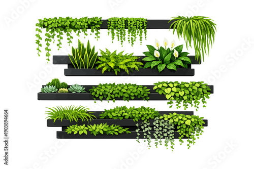 Vertical indoor garden with lush green foliage and modern black shelves