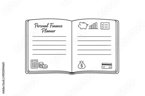 Personal finance planner with icons on open notebook