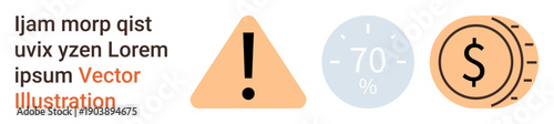 Warnings, financial planning, percentage calculation, measurement, budgeting, notifications display. An exclamation mark, 70 percent icon and money symbol are . Warnings and financial planning
