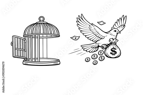 Freedom and wealth: open birdcage with flying bird holding money bag