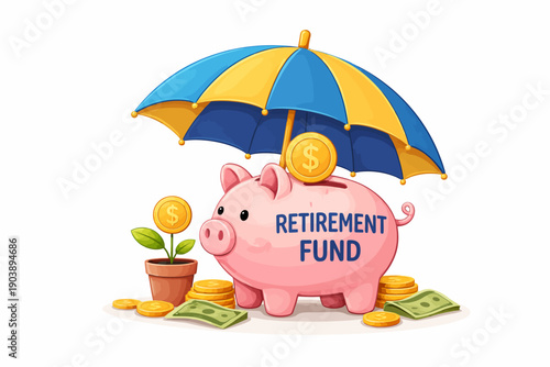Piggy bank under umbrella with coins and plant signifying retirement fund