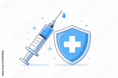 Vaccination concept: syringe and shield with cross symbolizing health protection