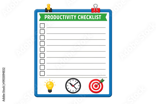 Colorful productivity checklist template with icons for tasks and goals