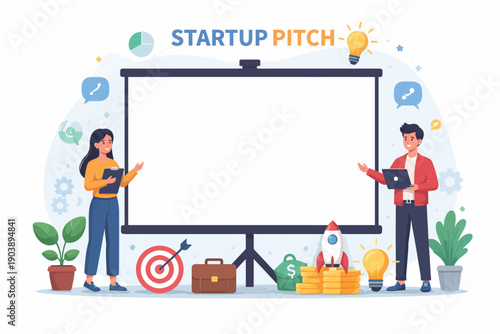 Young asian professionals presenting startup pitch with presentation board and business icons