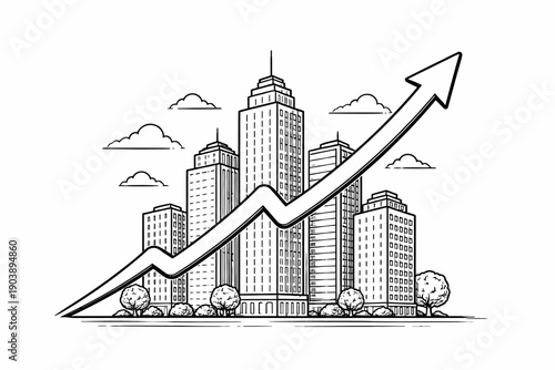 Skyscrapers with upward arrow indicating growth and success in urban landscape