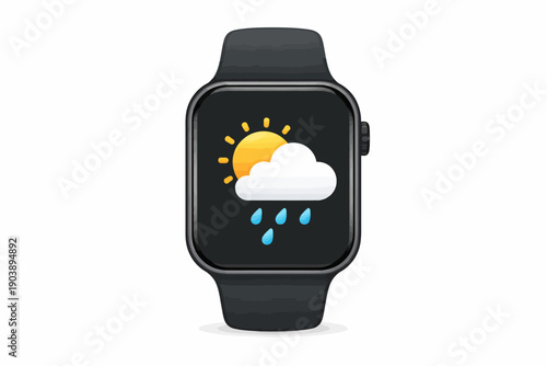 Smartwatch displaying weather forecast with sun and rain icons