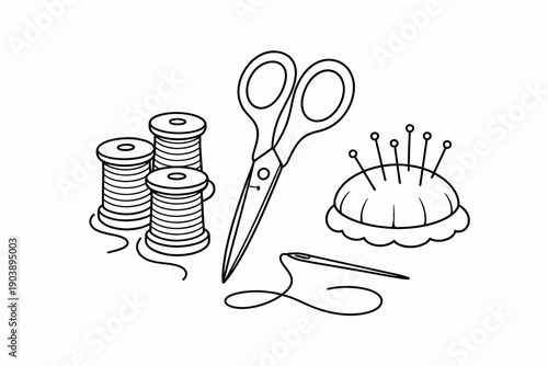 Sewing tools: scissors, thread, needle, pincushion line art illustration
