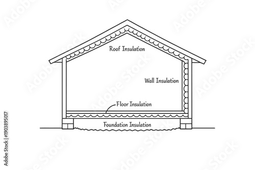 Cross-section of house showing roof, wall, floor, and foundation insulation layers