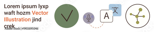 Language services, speech recognition, connectivity, digital tools, communication, verification. A check mark, microphone translation icon and network symbol. Language services and speech