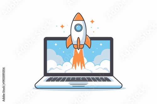 Rocket launching from laptop screen in a cloudy sky illustration